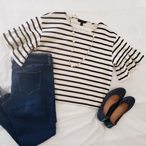 J Crew Striped Ruffle / Bell Sleeve Top